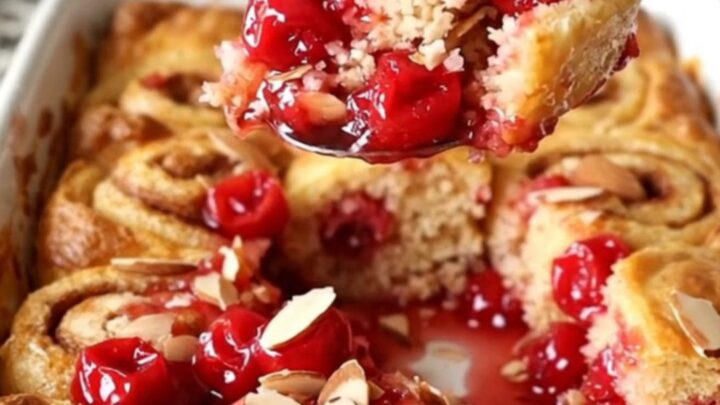 A warm, golden cherry pie cinnamon roll bake in a white ceramic dish with bubbling fruit filling.