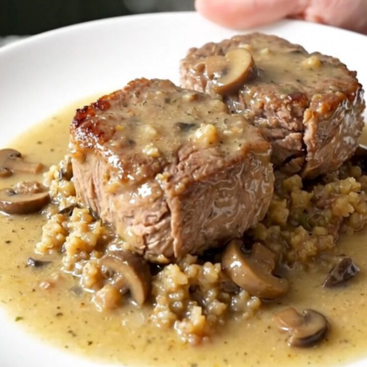 A close-up of tender cube steak covered in herb stuffing and creamy mushroom gravy in a black slow cooker.