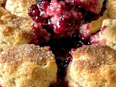 A warm, golden-brown blackberry biscuit cobbler in a white rectangular dish on a granite counter.