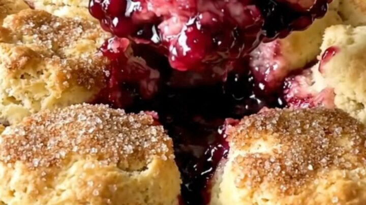 A warm, golden-brown blackberry biscuit cobbler in a white rectangular dish on a granite counter.