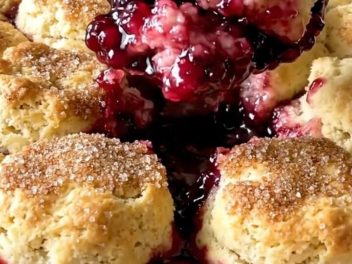 A warm, golden-brown blackberry biscuit cobbler in a white rectangular dish on a granite counter.
