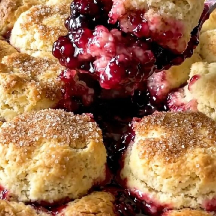 A warm, golden-brown blackberry biscuit cobbler in a white rectangular dish on a granite counter.