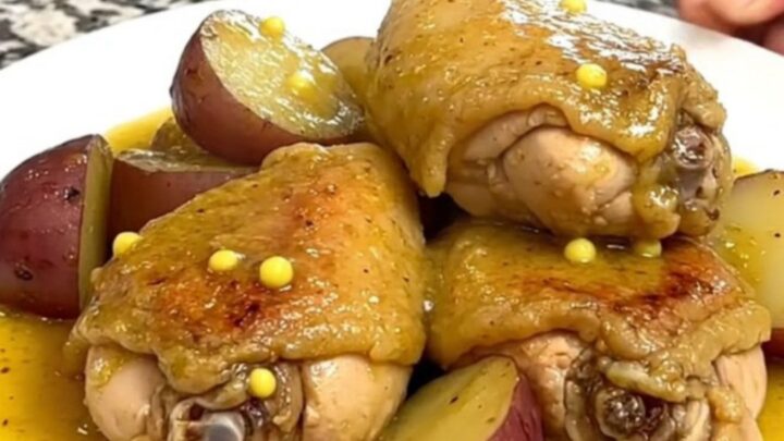 Slow cooker garlic Dijon chicken and red potatoes served in a shallow bowl with sauce.