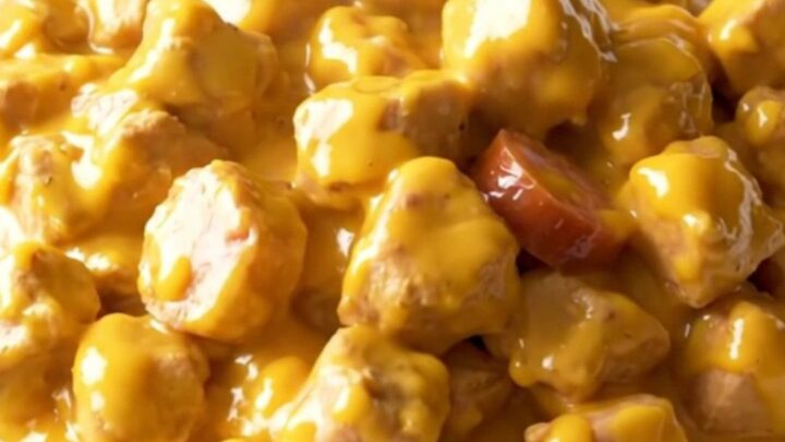 A close-up of a plate containing creamy chicken, smoked sausage slices, and tender potatoes in a rich cheddar sauce.