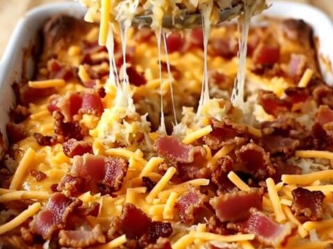 A golden, bubbling pimento cheese hash brown casserole fresh out of the oven in a rectangular white baking dish.