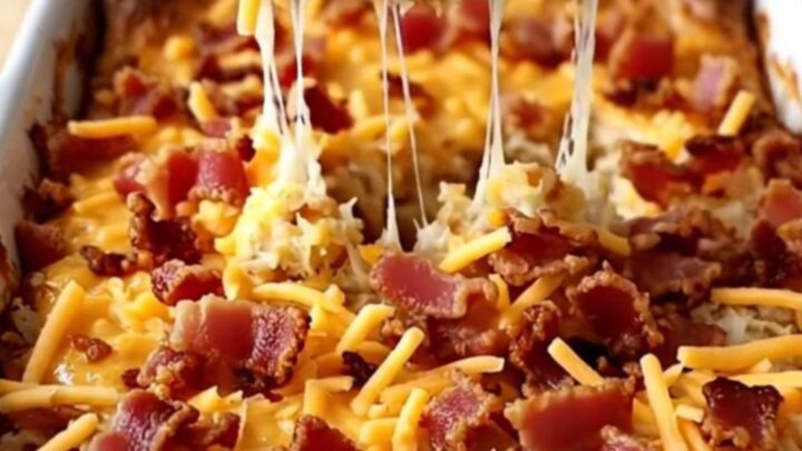 A golden, bubbling pimento cheese hash brown casserole fresh out of the oven in a rectangular white baking dish.