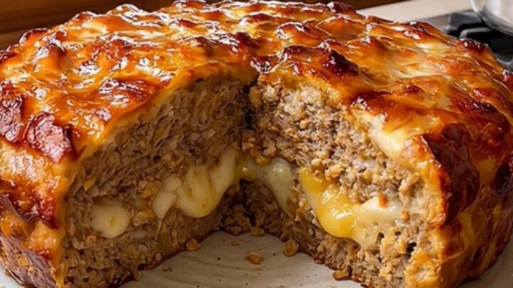 A warm, sliced meatloaf revealing a gooey, melted cheese macaroni center on a rustic plate.