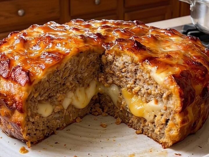 A warm, sliced meatloaf revealing a gooey, melted cheese macaroni center on a rustic plate.
