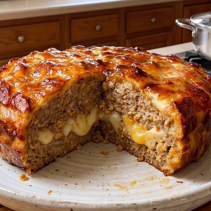A warm, sliced meatloaf revealing a gooey, melted cheese macaroni center on a rustic plate.