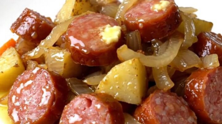 A close-up view of the slow cooker filled with sliced smoked sausage, cubed potatoes, carrots, and onions.
