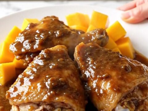 A close-up of tender, braised jerk chicken thighs topped with sweet mango chunks and a glossy sauce.