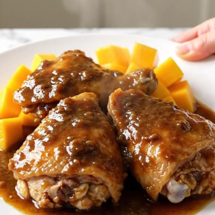 A close-up of tender, braised jerk chicken thighs topped with sweet mango chunks and a glossy sauce.