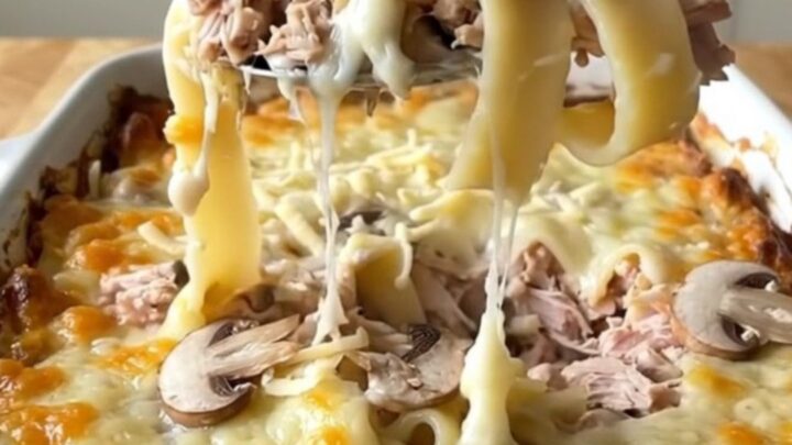 A top-down view of a golden, bubbling Mushroom Swiss Turkey Noodle Bake in a white ceramic dish.