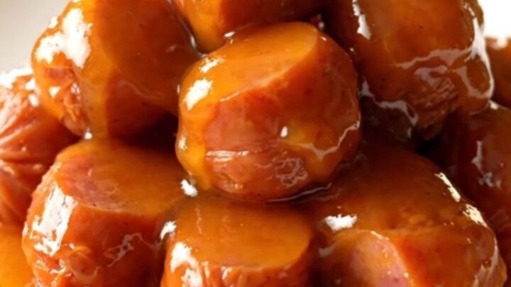 A close-up of bite-size smoked kielbasa pieces coated in a glossy, sticky orange glaze in a black slow cooker.