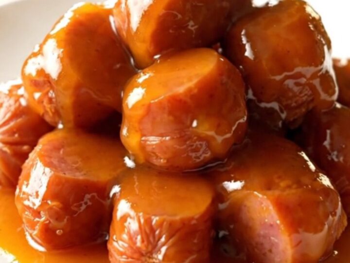 A close-up of bite-size smoked kielbasa pieces coated in a glossy, sticky orange glaze in a black slow cooker.