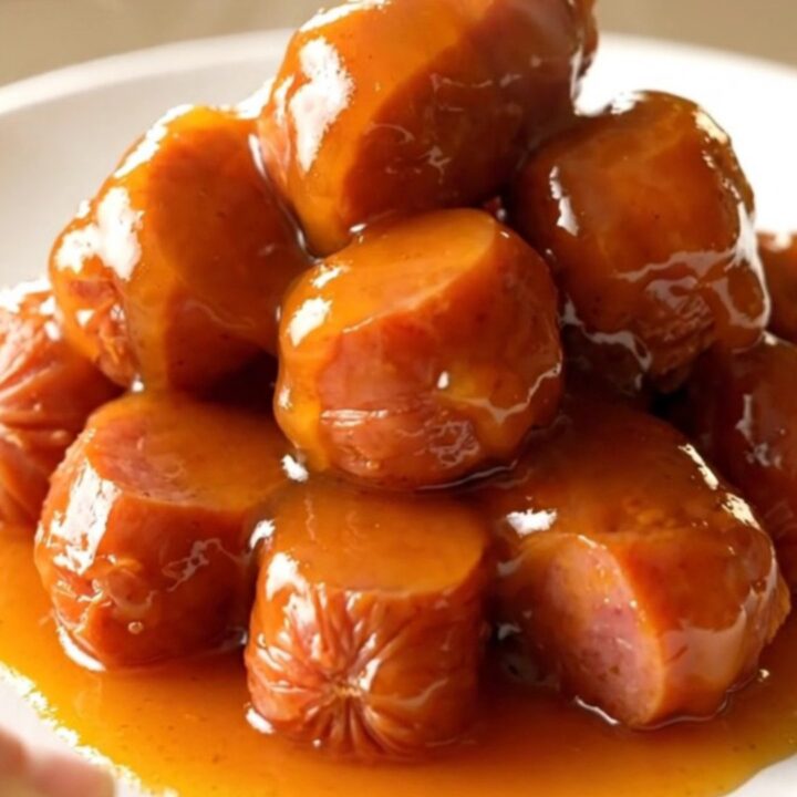 A close-up of bite-size smoked kielbasa pieces coated in a glossy, sticky orange glaze in a black slow cooker.