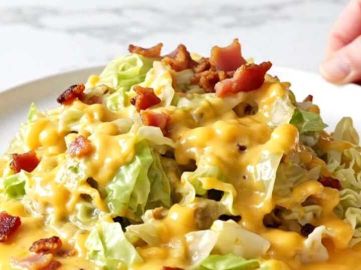 A close-up of a slow cooker filled with chopped cabbage, bacon, and melted cheddar cheese.