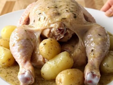 A whole cooked chicken and halved baby potatoes in a creamy herb gravy served on a white plate.