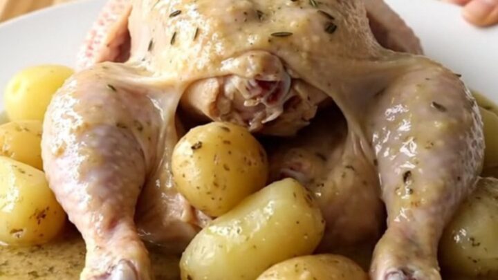 A whole cooked chicken and halved baby potatoes in a creamy herb gravy served on a white plate.