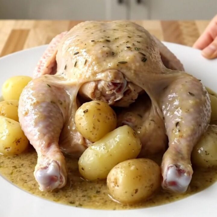 A whole cooked chicken and halved baby potatoes in a creamy herb gravy served on a white plate.
