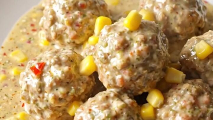 A close-up of creamy street corn chicken meatballs in a slow cooker, featuring corn kernels and chili lime seasoning.