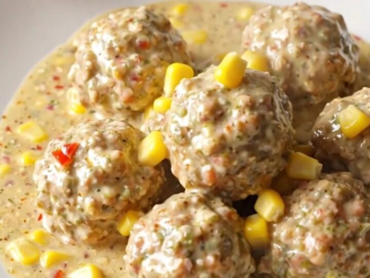 A close-up of creamy street corn chicken meatballs in a slow cooker, featuring corn kernels and chili lime seasoning.