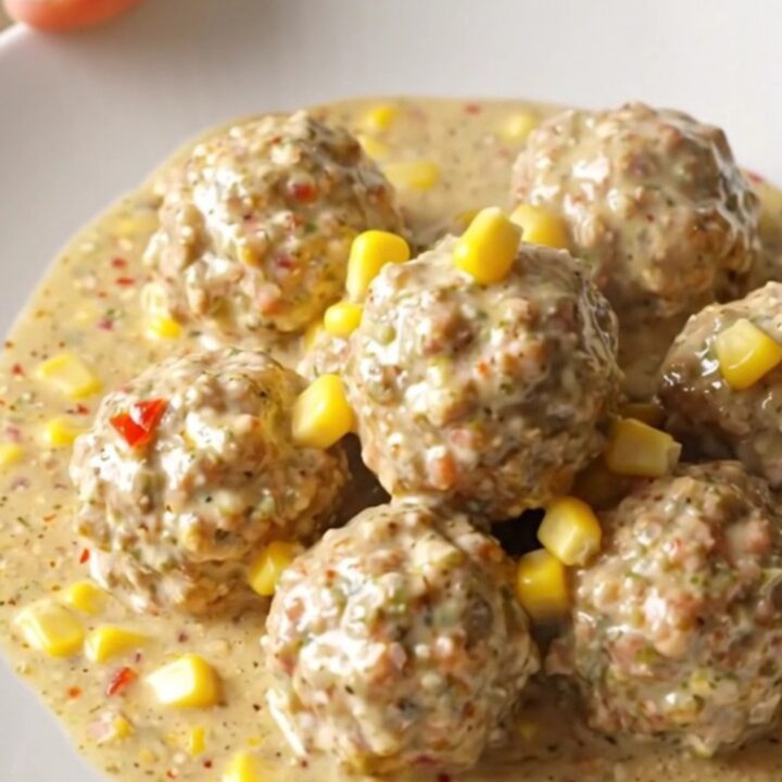 A close-up of creamy street corn chicken meatballs in a slow cooker, featuring corn kernels and chili lime seasoning.