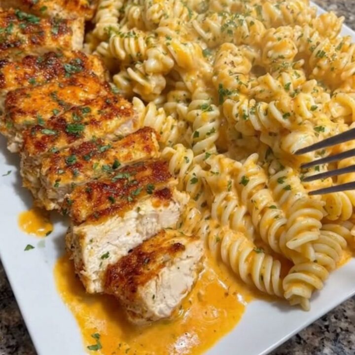 A close-up of steaming, rich cheese-coated rotini pasta with juicy