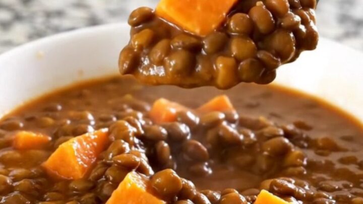A close-up of a thick, hearty brown lentil and orange sweet potato stew in a white bowl with steam rising.