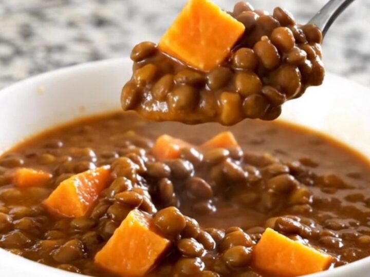 A close-up of a thick, hearty brown lentil and orange sweet potato stew in a white bowl with steam rising.