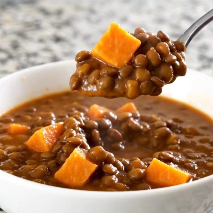 A close-up of a thick, hearty brown lentil and orange sweet potato stew in a white bowl with steam rising.