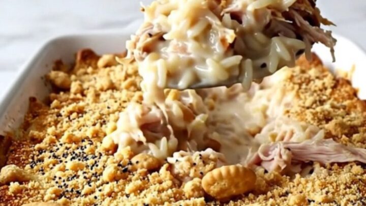 A golden-brown creamy turkey and rice casserole in a white baking dish with a crispy poppy seed cracker topping.