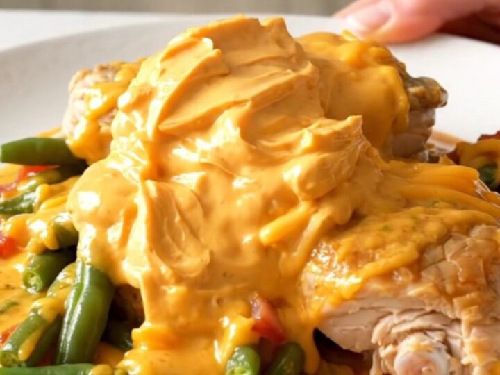 A slow cooker filled with chicken thighs, green beans, bacon, and melted cheddar cheese.