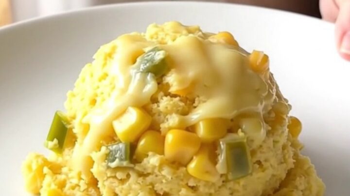A golden, freshly scooped portion of jalapeno cheddar corn pudding on a white plate.