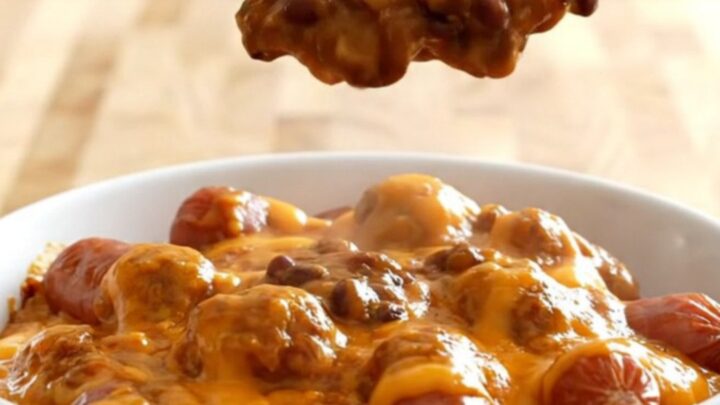 A close-up of a slow cooker filled with mini sausages covered in a thick, melty orange chili cheese sauce.