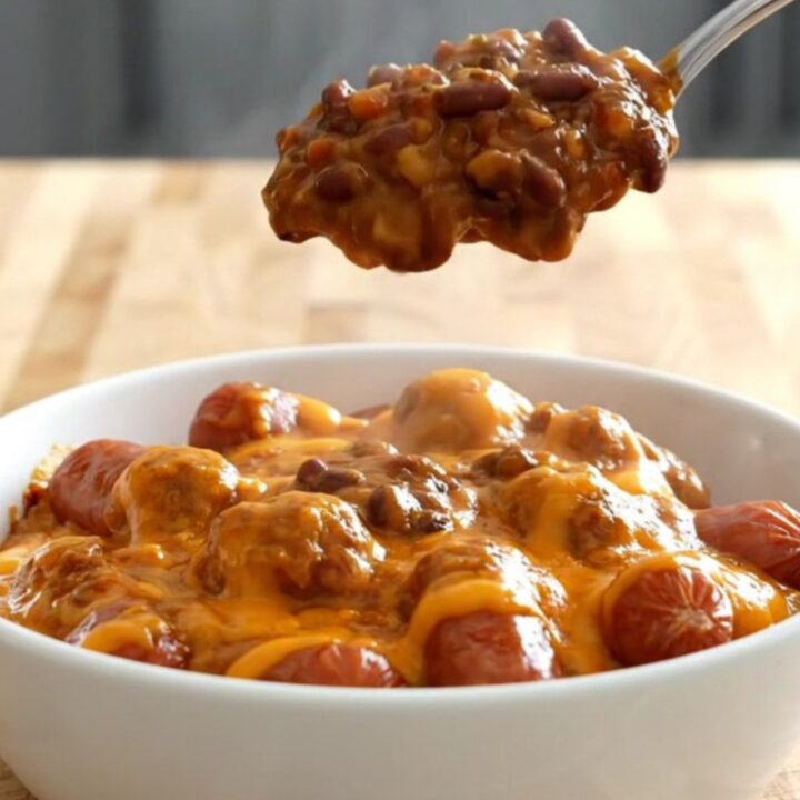 A close-up of a slow cooker filled with mini sausages covered in a thick, melty orange chili cheese sauce.