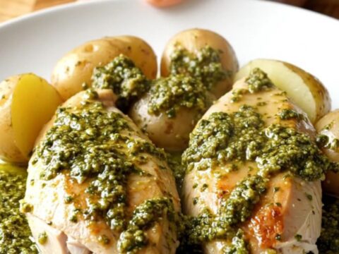 A slow cooker filled with tender chicken breasts and golden baby potatoes coated in a thick, vibrant green pesto sauce.