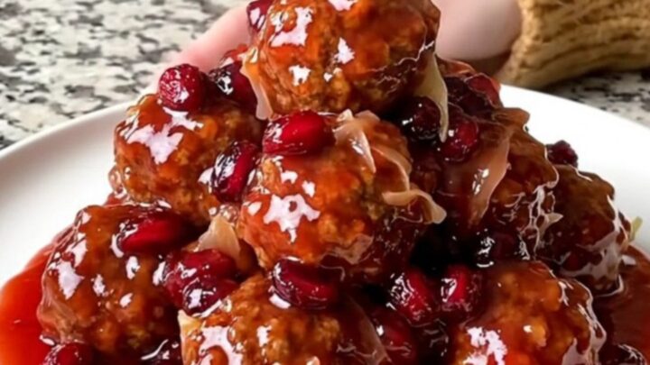 A slow cooker filled with glazed cranberry sauerkraut meatballs on a speckled granite countertop.