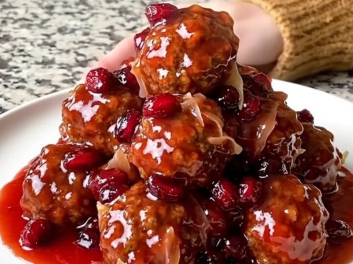 A slow cooker filled with glazed cranberry sauerkraut meatballs on a speckled granite countertop.