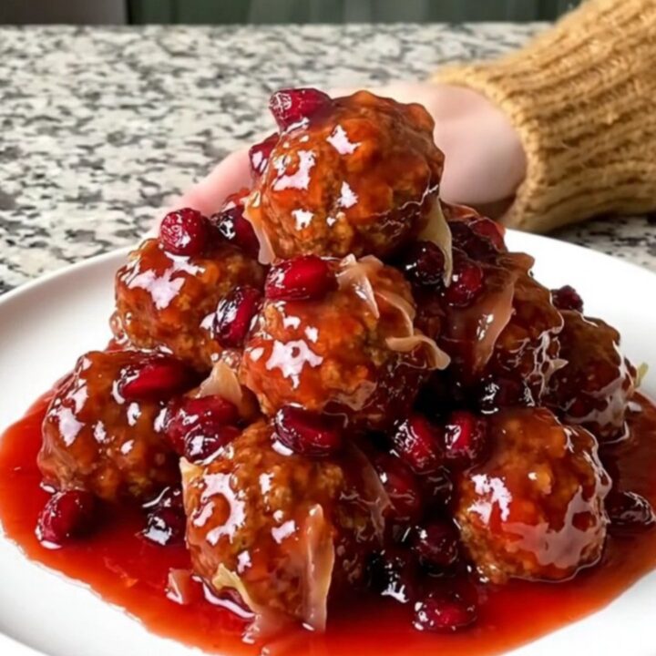 A slow cooker filled with glazed cranberry sauerkraut meatballs on a speckled granite countertop.