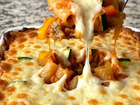 A top-down view of a rectangular baking dish filled with ziti, zucchini, peppers, and marinara sauce topped with cheese.