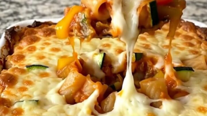 A top-down view of a rectangular baking dish filled with ziti, zucchini, peppers, and marinara sauce topped with cheese.