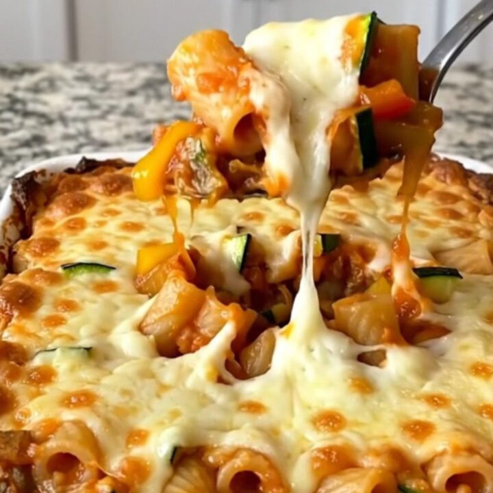 A top-down view of a rectangular baking dish filled with ziti, zucchini, peppers, and marinara sauce topped with cheese.