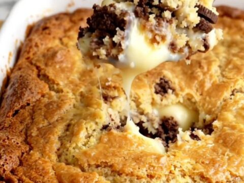 A warm, golden-brown cookies and cream dump cake in a white ceramic baking dish on a wooden countertop.