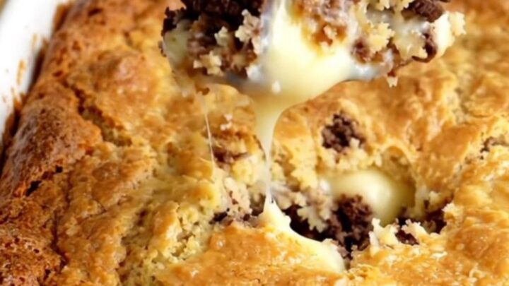 A warm, golden-brown cookies and cream dump cake in a white ceramic baking dish on a wooden countertop.