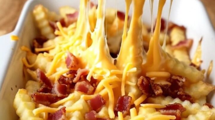 A top-down view of a rectangular baking dish filled with golden baked fries