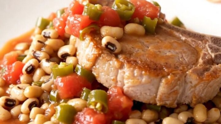A rustic slow cooker dish featuring tender bone-in pork chops resting on a bed of savory black-eyed peas and tomatoes.