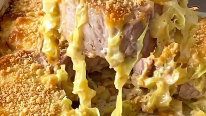 A rustic ceramic baking dish filled with tender pork chops and creamed cabbage, topped with a golden, crispy cracker crust.