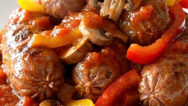 Slow cooker Italian sausage cacciatore with bell peppers and mushrooms in a rich tomato sauce.