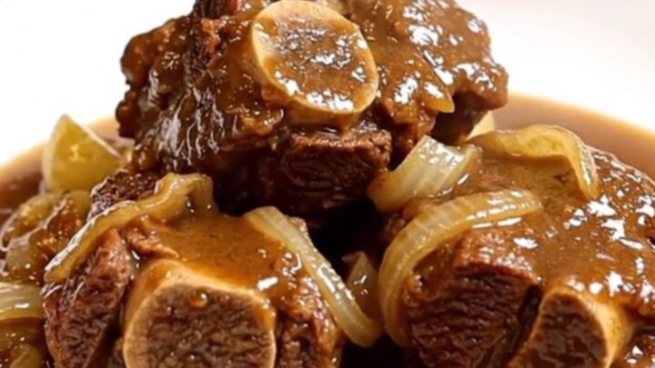 A slow cooker filled with tender beef neck bones, golden potatoes, and sliced onions in a rich brown broth.